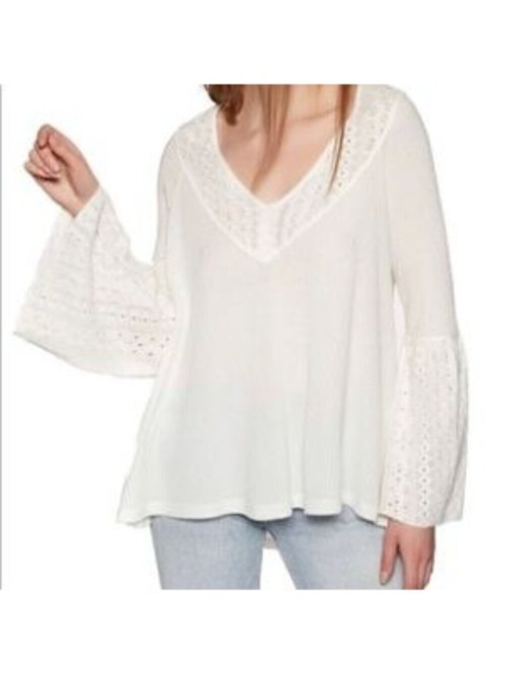 Free People Parisian Nights White Eyelet Bell Sleeve Tunic